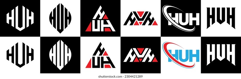 HUH letter logo design in six style. HUH polygon, circle, triangle, hexagon, flat and simple style with black and white color variation letter logo set in one artboard. HUH minimalist and classic logo