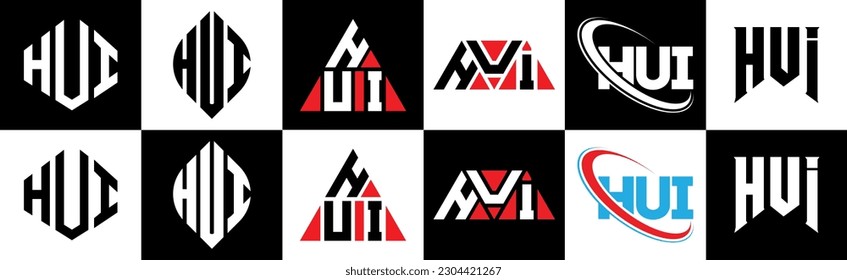 HUI letter logo design in six style. HUI polygon, circle, triangle, hexagon, flat and simple style with black and white color variation letter logo set in one artboard. HUI minimalist and classic logo