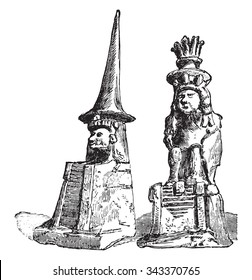 Huitzilopochtli and Quetzalcoatl, vintage engraved illustration. Industrial encyclopedia E.-O. Lami - 1875.
