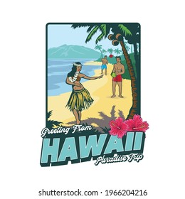 Hula dance girl with two man in beach Hawaii, good for tshirt design