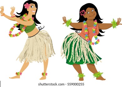 Hula dance teacher and student characters, wearing grass skirts and lei, EPS 8 vector illustration, no transparencies