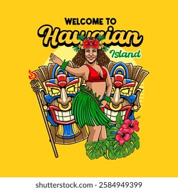 Hula Dancer Girl Hawaiian Mascot Cartoon Character Illustration