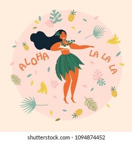 Hula dancer girl. Hawaiian plus size woman in traditional costume is dancing. Grreting card or poster with aloha la la la text. Pineapple, bananas and palm leaf on the background. Vector cartoon