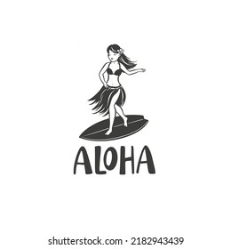  Bailarina hula en tablas de surf. Concepto de diseño de logotipos. Ilustración vectorial dibujada por mano