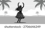 Hula dancer silhouette vector, traditional Hawaiian dance scene with palm trees, tropical landscape, black and white style, perfect for culture, travel, heritage themes