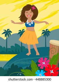 Hula Girl - Cute hula dancer and a landscape of a tropical island behind her. Eps10