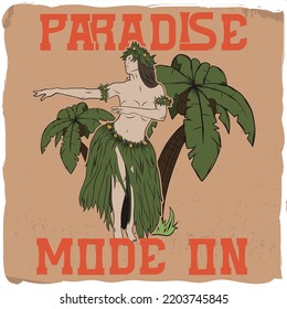 Hula girl dancing between palms