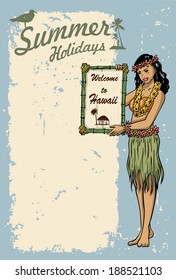 Hula girl holding menu board