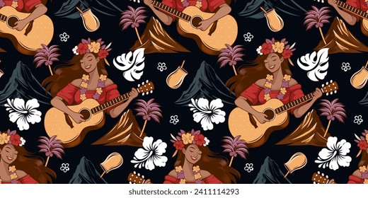 Hula Girls cartoon playing the guitar. Hawaiian shirt. Summer fashion featuring clothing with Aloha vibes. Ethnic seamless pattern. Digital Artwork for prints.