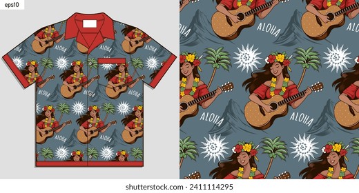 Hula Girls cartoon playing the guitar on a mockup of a Hawaiian shirt. Summer fashion featuring clothing with Aloha vibes. Ethnic seamless pattern. Digital Artwork for prints.