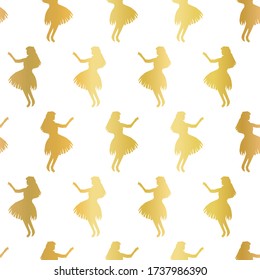 Hula girls gold foil seamless vector pattern. Faux metallic golden background with silhouettes of Hawaiian women dancing traditional Hula. Elegant Hawaii pattern for exclusive decor, party invites