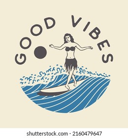 hula girls illustration surf design emblem vintage