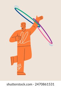 Hula hoop activity. Man spinning hula hoop. Colorful vector illustration
