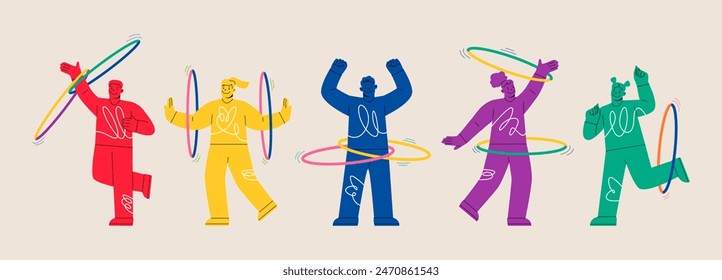 Hula hoop activity. Set of man and young girl doing exercises. Colorful vector illustration