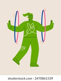 Hula-Hoop-Aktivität. Frau spinnt Hula Hoop Reifen. Farbenfrohe Vektorillustration
