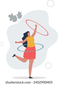 Hula hoop activity.young woman doing exercises. Active lifestyle, fitness and sports. Cardio training and weight loss.flat vector illustration.