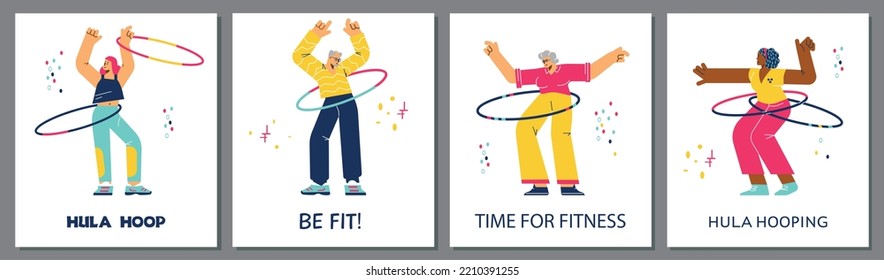 Hula hoop Fitness-Sport-Poster Sammlung mit Cartoon-Menschen Charaktere, flache Vektorgrafik. Hula hoop spinnen Aktivität für Gesundheit und Fitness.