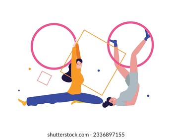 Hula hoop healthy sport fitness gymnastic athletics physical workout activity with beautiful young girl cheerful smile expression