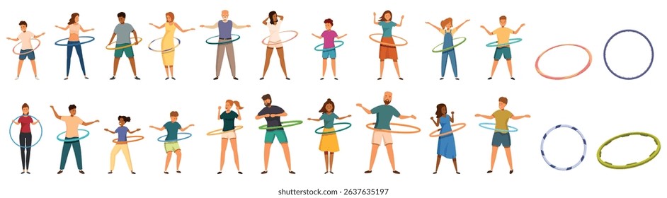 Hula hoop icons set. People of different ages, genders and ethnicities are rotating hula hoops around their waists, exercising and having fun