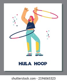 Hula hoop sport and fitness equipment banner with woman twirling a hoop, cartoon vector illustration isolated on white background. Poster for hula hoop sport training.