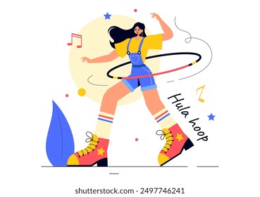 Hula Hoop Vector Illustration with People Exercising and Playing Hula Hoops, Engaged in Fitness Training Activities in a Flat Style Cartoon Background