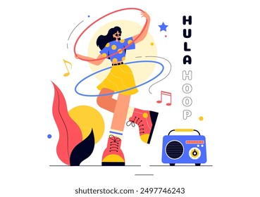 Hula Hoop Vector Illustration with People Exercising and Playing Hula Hoops, Engaged in Fitness Training Activities in a Flat Style Cartoon Background