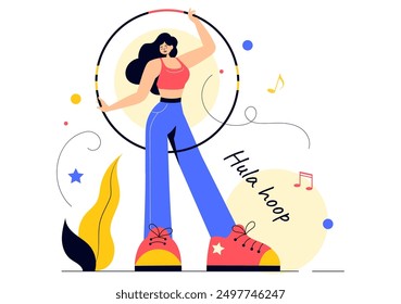 Hula Hoop Vector Illustration with People Exercising and Playing Hula Hoops, Engaged in Fitness Training Activities in a Flat Style Cartoon Background