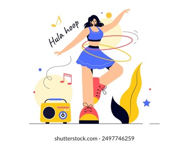 Hula Hoop Vector Illustration with People Exercising and Playing Hula Hoops, Engaged in Fitness Training Activities in a Flat Style Cartoon Background