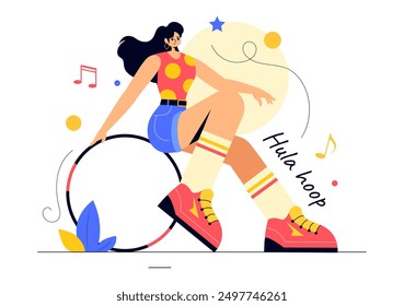 Hula Hoop Vector Illustration with People Exercising and Playing Hula Hoops, Engaged in Fitness Training Activities in a Flat Style Cartoon Background