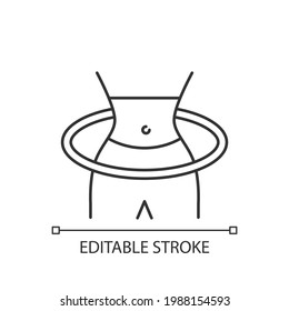 Hula Hoop trainiert lineares Symbol. Ganzkörperwarm-up. Bewegung um Hüften, Hüfte. Brennende Kalorien. Dünne, anpassbare Illustration. Contour-Symbol. Vektor-einzelne Rahmenzeichnung. Bearbeitbarer Hub