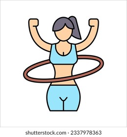 Icono lineal de entrenamiento Hula Hoop. Calentamiento de cuerpo completo. Movimiento alrededor de las caderas, cintura. Quemando calorías. ilustración vectorial sobre fondo blanco