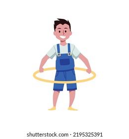 Hula hooping little boy flat style, vector illustration isolated on white background. Happy child doing sport exercise, physical education, healthy and active lifestyle