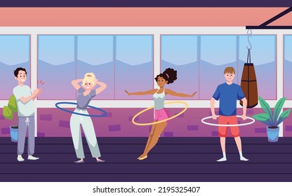 Hula hooping smiling people at fitness centre flat style, vector illustration. Man applauding, sportive characters making exercises. Health and beauty, lifestyle, workout