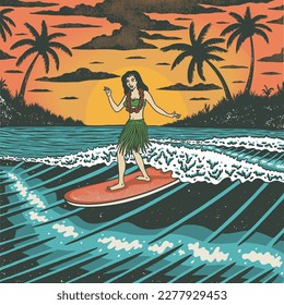 hula illustration girls graphic surf design tropical vintage beach t shirt sunset waves