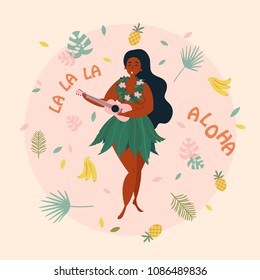 Hula singer girl. Hawaiian plus size woman in traditional costume is singing with ukulele. Grreting card, poster with aloha la la la text. Pineapple, bananas and palm leafs background. Vector cartoon