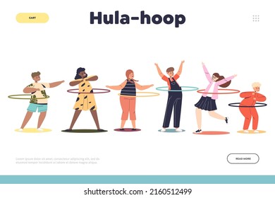 Hula-hoop concept of landing page with group of kids playing with hula hoop. Funny children spinning and rolling ring on waist enjoy joyful recreation activity. Cartoon flat vector illustration