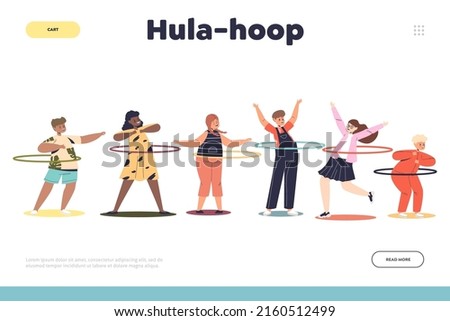 Hula-hoop concept of landing page with group of kids playing with hula hoop. Funny children spinning and rolling ring on waist enjoy joyful recreation activity. Cartoon flat vector illustration