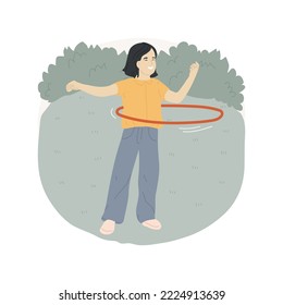 Hula-hooping isolated cartoon vector illustration. Girl spinning hulahoop, recess, leisure time, active child, young teens playing outdoor, school break, hula-hooping for fun vector cartoon.