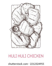 Huli Huli Chicken, Hawaiian food. BBQ meal. Hand drawn vector illustration. Sketch style. Top view. Vintage vector illustration.