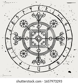 Hulinhjalmur. Runic galdrastafir. Magical sign of invisibility with Icelandic runes in a circle.