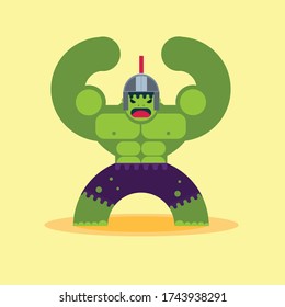 hulking super hero warrior with big muscles cartoon illustration vector, green superhero abstract background
