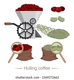 Hulling coffee. Unit for peeling coffee beans from the pulp. Illustration in flat cartoon style. Bags with fruits before and after processing. Set of vector isolated objects on a white background