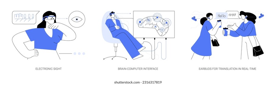 Human abilities augmentation abstract concept vector illustration set. Smart glasses for poor eyesight people, brain computer interface system, earbuds for real-time translation abstract metaphor.