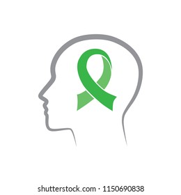 Human Abstract Profile With Green Ribbon, Mental Health Awareness