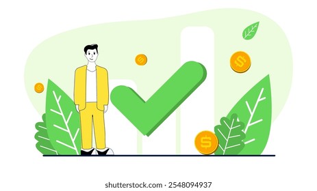 Human with accept icon. Vector illustration. Personal data design. Business design. Flat cartoon style. 