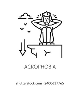 Icono de fobia a la acrofobia humana, salud mental. Temor a problemas de altura, problema psicológico o trastorno mental símbolo vectorial de línea, icono o signo con hombre asustado sentado al borde del precipicio