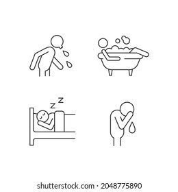 Human actions linear icons set  Crying man  Sleeping in bed  Lying in bubble bath  Day  to  day life  Customizable thin line contour symbols  Isolated vector outline illustrations  Editable stroke