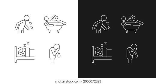 Human actions linear icons set for dark   light mode  Crying man  Sleeping in bed  Lying in bubble bath  Customizable thin line symbols  Isolated vector outline illustrations  Editable stroke
