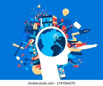 Human activities in the modern world. Planet inside human head