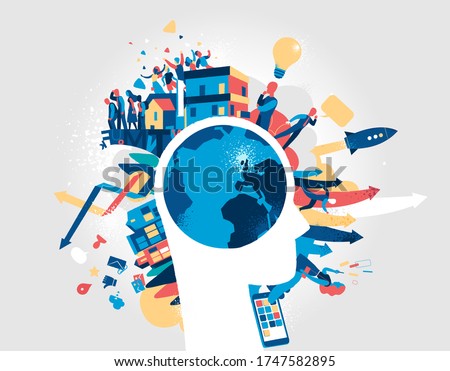 Human activities in the modern world. Planet inside human head